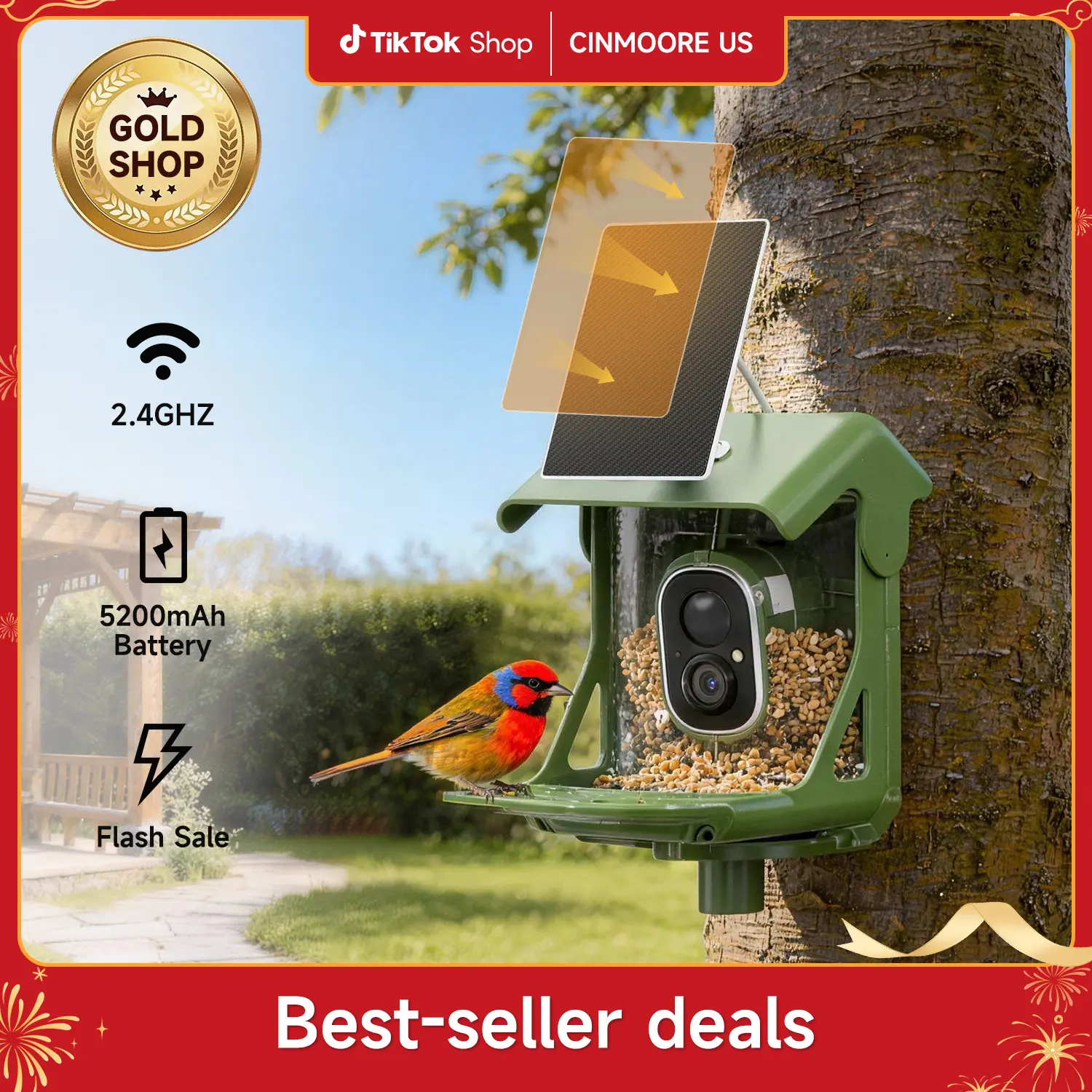 CINMOORE Smart Bird Feeder with Camera - Solar-Powered, AI Recognition, 2.4G WiFi, 2.5 HD Live Video Stream, Full-Color Night Vision, Instant Arrival Alerts, Weatherproof Outdoor Bird House (Holidays, Birthdays, Housewarming Gifts for Friends, Parents)