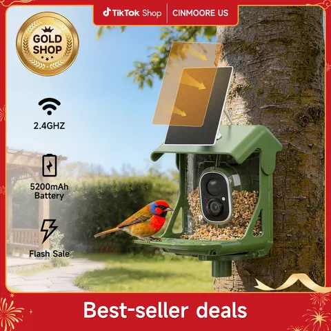 CINMOORE Smart Bird Feeder with Camera - Solar-Powered, AI Recognition, 2.4G WiFi, 2.5 HD Live Video Stream, Full-Color Night Vision, Instant Arrival Alerts, Weatherproof Outdoor Bird House (Holidays, Birthdays, Housewarming Gifts for Friends, Parents)
