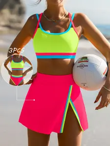 Popvil Women’s Colorblock 3-Piece Swimsuit Set with Adjustable Straps, High-Waisted Bikini & Side Slit Swim Skirt – Beach Volleyball & Kayaking Ready