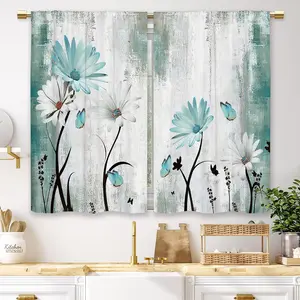 Rustic Farmhouse Teal Daisy Kitchen Curtains Floral Flower Small Short Cafe Window Curtains Butterfly Turquoise Country Bathroom Window Drapes Treatment Tier Curtains 2 Panels (27.5x39 Inch)