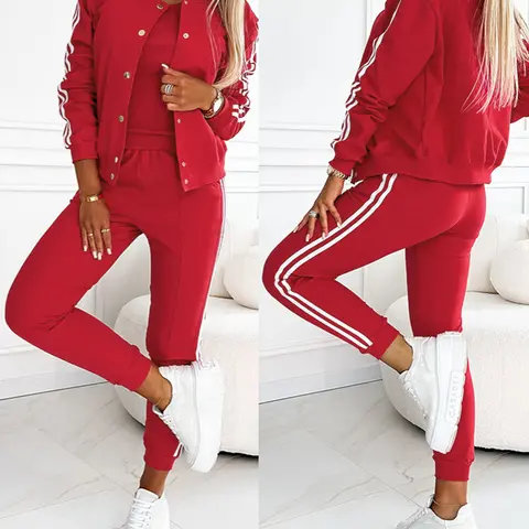 CHICME 2026 Women's 3-Piece Athletic Sweat Set - Striped Tape Patch Tank Top, Button-Front Jacket, Cuffed Pocketed Joggers, Elastic Waist Sporty Women's Clothing Set