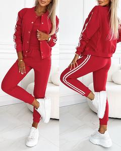 2026 CHICME Women's 3 Piece Outfits Matching Sets Striped Tape Patch Tank Tops Button Front Jacket Cuffed Pants with Pockets Tracksuit Comfort Womenswear Elastic Baseball