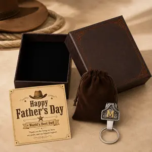 Western Initial Keychain Clip for Dad, Custom A-Z Letter Cow Tag Key Holder, Father’s Day Gift Set with Box & Bull Head Keychain