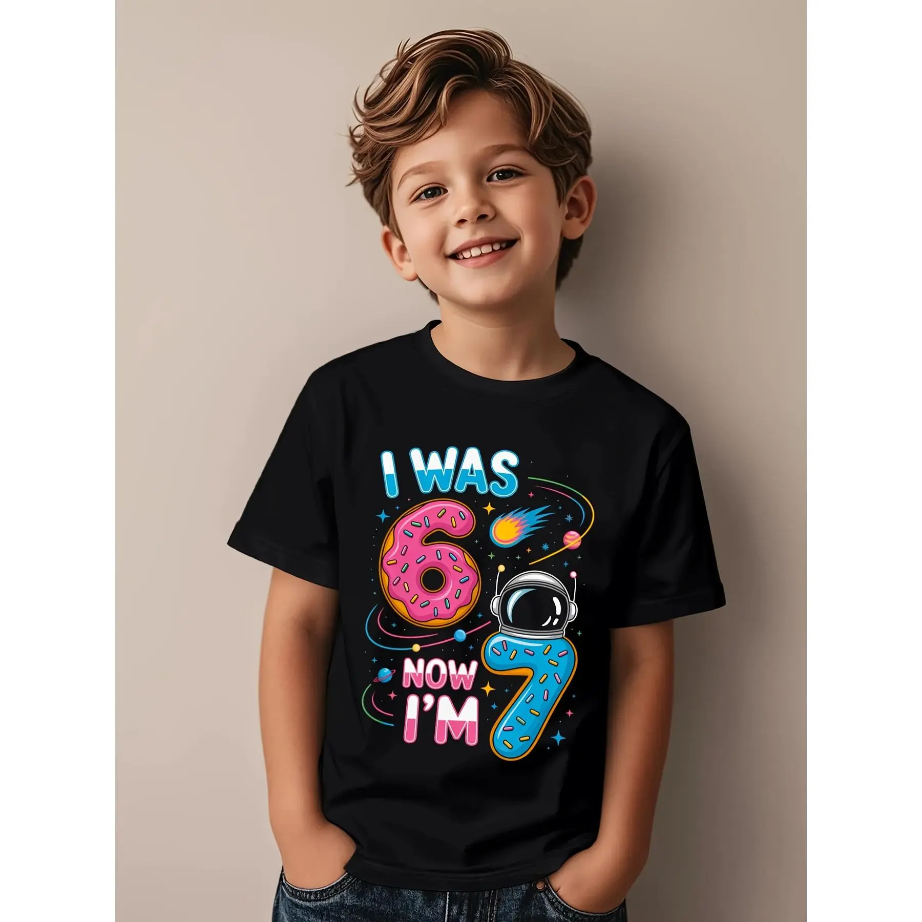 ' 6th to 7th Birthday / T-Shirt - "I'm 6 Now 7" Number 7 Print Round Neck Summer Casual Shirt for 7 Year Old Birthday Party Outfit & 7th Birthday Gift for Boys & Girls (Machine Washable)
