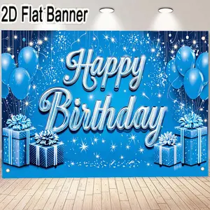 2D flat banner, 1pc1pc vibrant blue birthday banner, featuring elegant white cursive 'Happy Birthday' text with 3D effect, surrounded by blue balloons and polka dot gift boxes, perfect for birthday celebration decor, party wall decoration, festive