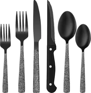 Black Hammered Silverware Set with Steak Knives, 24-Piece Stainless Steel Heavy Duty Flatware Set for 4, Food-Grade Tableware Cutlery Set, Utensil Sets for Home Restaurant, Mirror Finish Square Sturdy