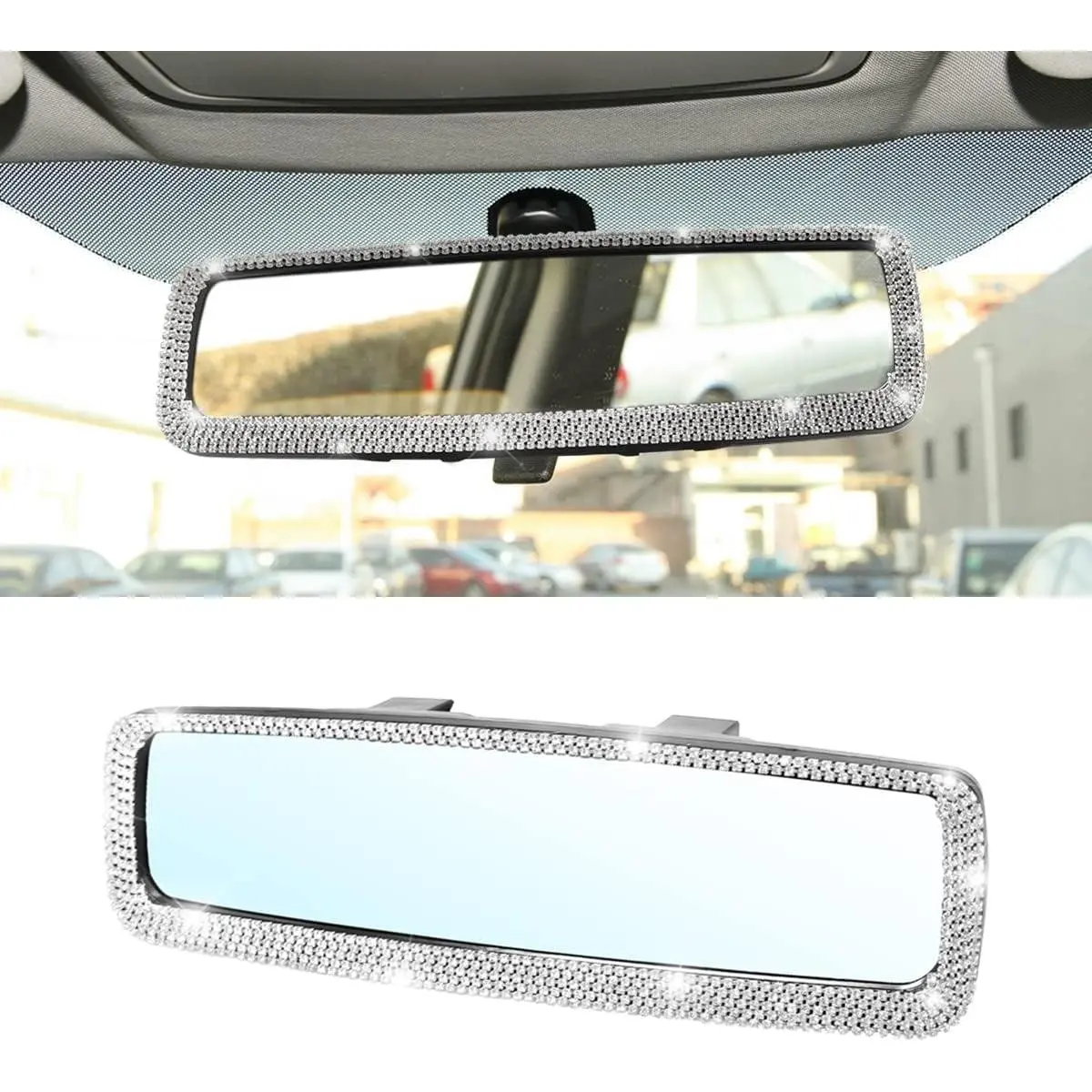 Bling Car Rear View Mirror, Rhinestones Crystal Clip-on Rearview Mirror with HD Glass, Compatible with Most Cars, SUVs, Vehicles, Auto Interior Accessories for Women Girl (White)