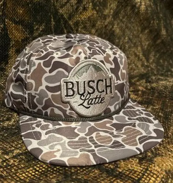 Busch Latte patch on a smokeshow Camo ropebrim SnapBack