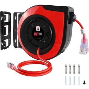 Retractable Extension Cord Reel,65 Feet 12 AWG/3C SJTOW Heavy Duty Power Cord,15 AMP Circuit Breaker, 3-Lighted Triple Outlets,Ceiling or Wall Mount Use Indoor, Red