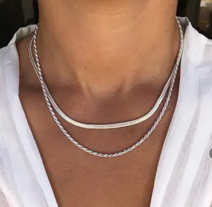 Women's Layered Necklace Set - 2 Piece Dainty Gold Jewelry for Everyday Stacking | 14K sliver Plated Snake Chain, Rope Chain, Cuban Chain Gift Ready