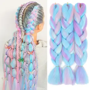 Rainbow Braiding Hair Extensions 24 Inches 3 Packs Synthetic Fiber Professional Large Bunch Braiding Hair 4-Tone Crochet Colored Braiding Hair, Suitable for African Girls' Braiding, Parties, Performance Creative Hairstyles (Pink / Light Blue / Purple / Li