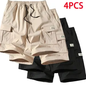 4-Pack — Men’s Multi-Pocket Cargo Shorts, Elastic Waist Quick-Dry Work Shorts, Lightweight Casual Hiking Shorts for Outdoor Activities, Breathable & Comfortable