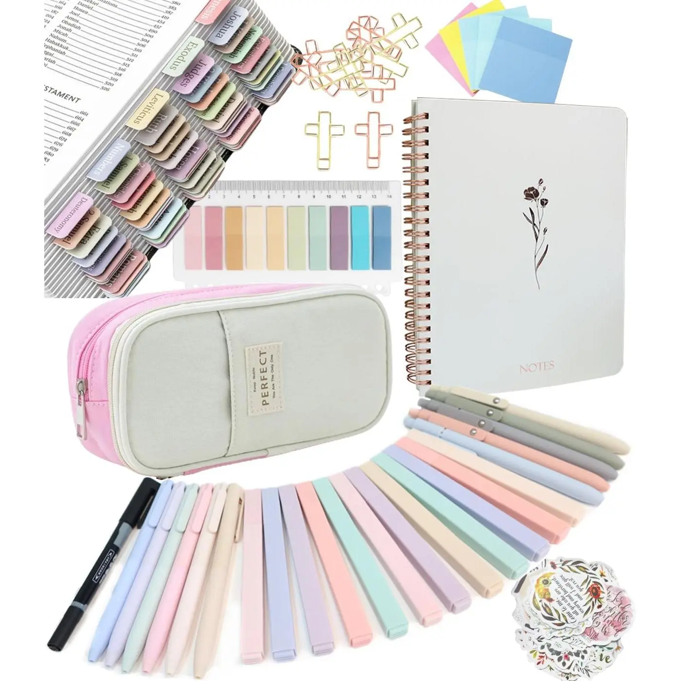Bible Study Journaling Kit - Pastel Markers, Tabs, Highlighters, Notebook, Pen Case, Organizer, Writing Supplies, Cross Paperclips - Women's Christian Stationery Gift for Beginners (Office/School Use)
