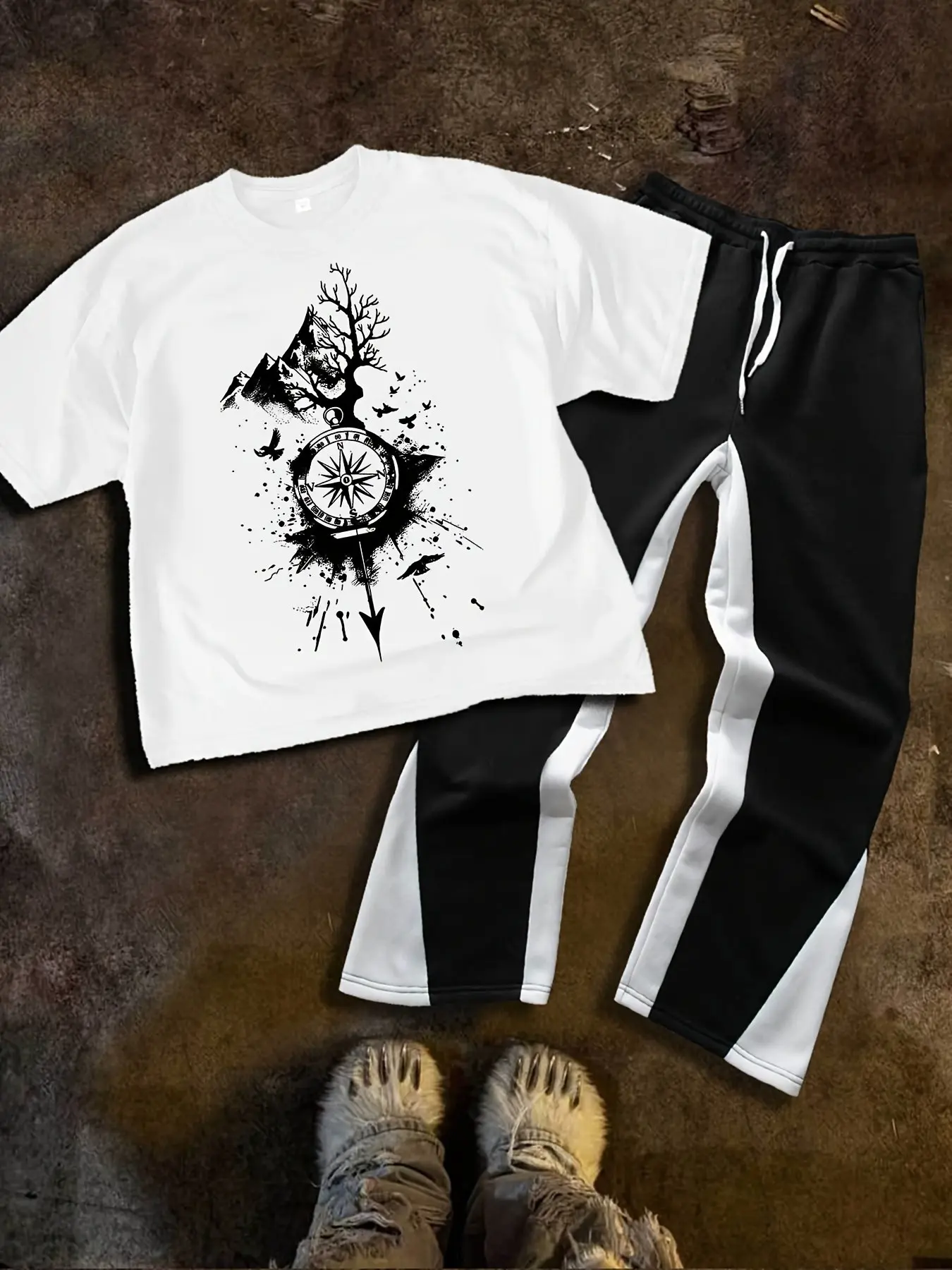 Men’s hip-hop-style two-piece set, comprising a short-sleeved round-neck top with graphic print and drawstring trousers; stylish and casual, perfect for everyday wear·