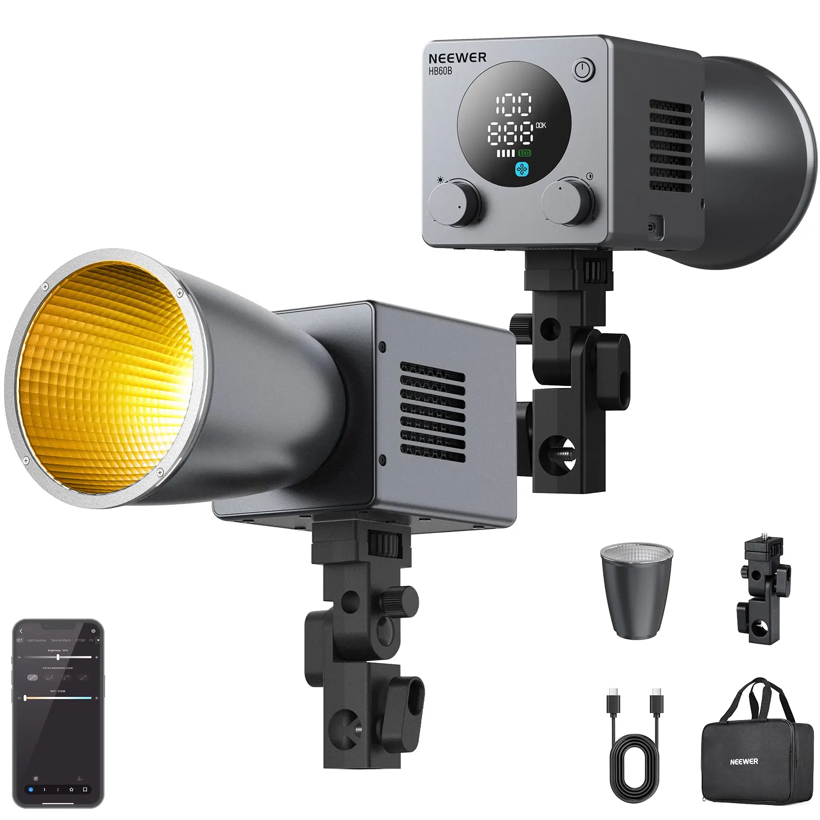 NEEWER 60W Max Mini LED Video Light - Smart Control Wireless Lights, 50Wh Battery, 100W PD Fast Charging, 2.4G/NFC/APP Control, Bi-Color Dimmable COB Studio Continuous Lighting, 44800 Lux/1m, 2700-6500K, CRI97+, 12 Scenes, HB60B