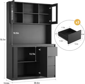 Adjustable Kitchen Storage Hutch with Microwave Shelf Led Lights and Charging Station