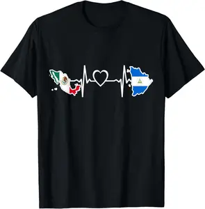 Mexico Nicaragua Flag - Mexican Nicaraguan HeartBeat Casual Short Sleeve Cotton T-Shirt