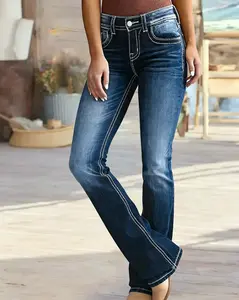 Women's Stretch Mid-Waist Boot Cut Jeans - Wide Leg Flare, Vintage Shaping, Tummy Control, Fashion Bottoms