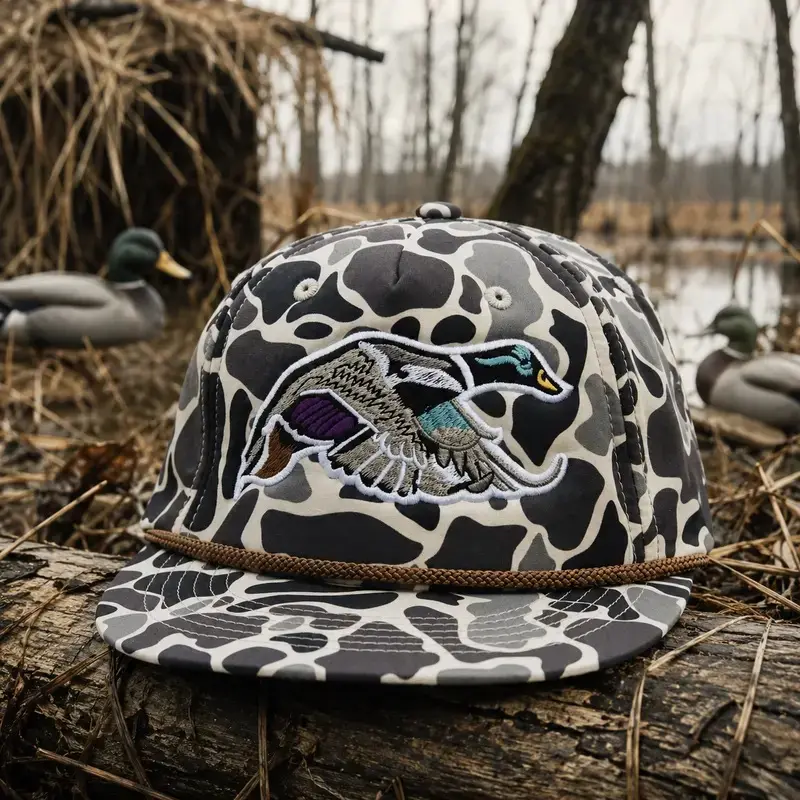 [SAVE 50%] Mallard duck patch on a Jungle CCamo Rope brim SnapBack Hat, Camouflage Pattern Embroidered Mallard Duck Hunting Snapbacks, Gift For Hunters
