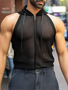 INCERUN  Men's Fashion Sexy Mesh Hoodie Vest, Plain Color Sheer Sleeveless Top, Perfect for Daily Wear,