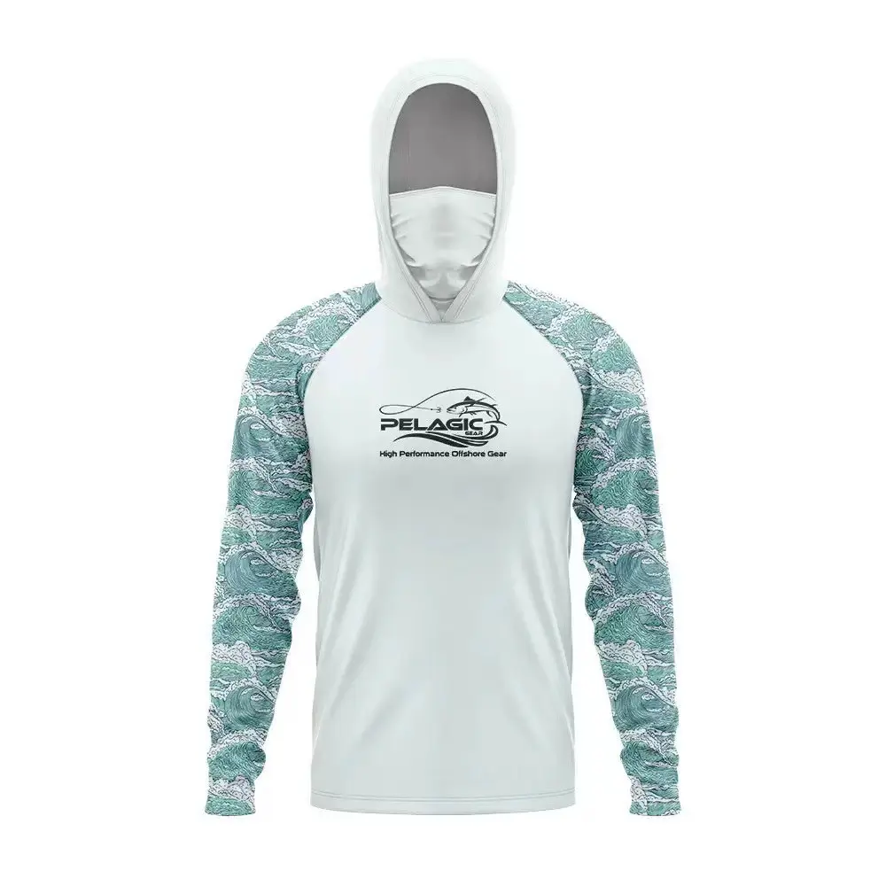 UPF50 Protection Raglan Fishing Hoodie - Stretch Fit, Full Face Mask, Teal Wave Print, Quick Dry, Long Sleeve Sun Top for Offshore Saltwater Fishing Trips (Protects Neck & Face Skin), Sporty Chic