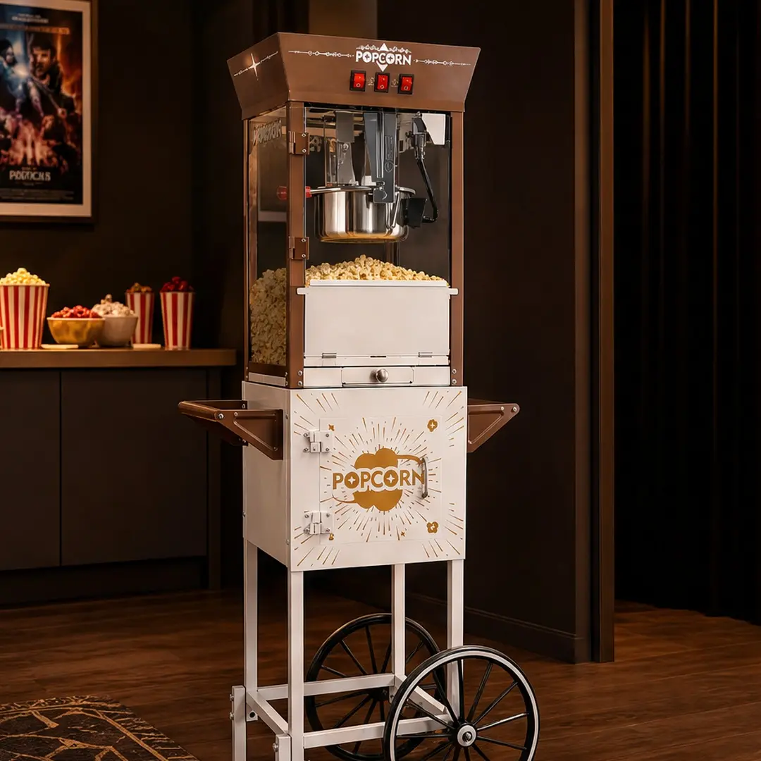 ARCH 12oz Vintage Charm Commercial Popcorn Machine with Rolling Cart, Large Kettle Handles, 3 Independent Separate Controls, 3 Candy Boxes, Retro Look, 15.35w x23.35d x54.09h in Brown & Antique White Stainless Steel, for Leisure Business Places