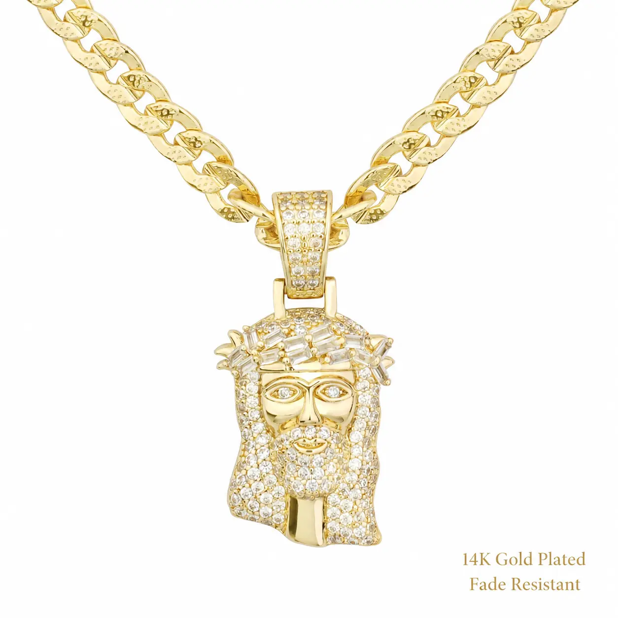 TANTIUE 14K Gold Plated Jesus Pendant for Men, 5A Cubic Zirconia Iced Out Cuban Chain Necklace for Men Women, Bling Rap Style Couple Jewelry