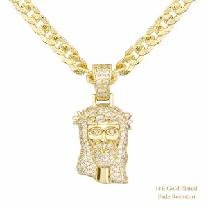 TANTIUE 14K Gold Plated Jesus Pendant for Men, 5A Cubic Zirconia Iced Out Cuban Chain Necklace for Men Women, Bling Rap Style Couple Jewelry