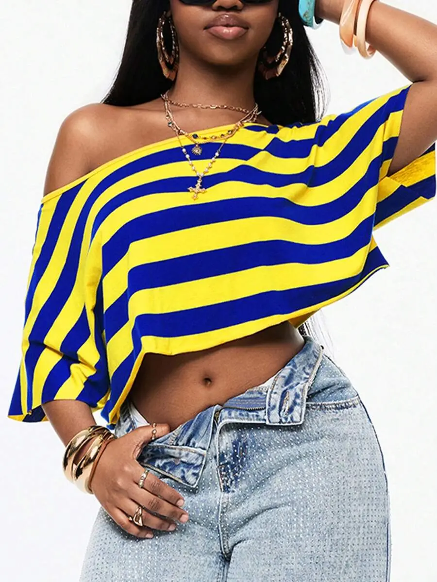 Women's Summer Streetwear Casual Chic Y2K Daily Wear Graphics Asymmetrical Neck Crop Blue And Yellow Striped T-Shirt
