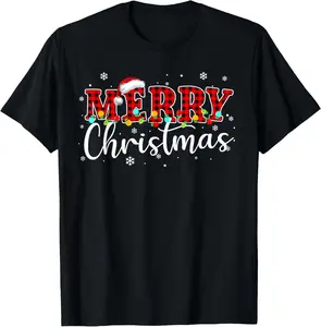 100% cotton Unisex Merry Christmas Buffalo Plaid Red Santa Family Xmas Pajamas T-Shirt