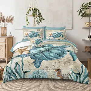 8 Pieces Blue Green Comforter Set Queen Size Ocean Life Bed in a Bag Turtle Beach Bedding Set Hawaii Style Summer Lightweight Bedding Comforter Set