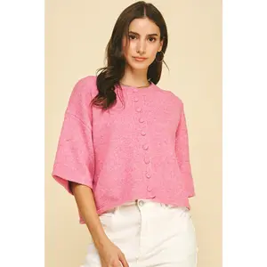 Button Down Short Sleeve Sweater Pink