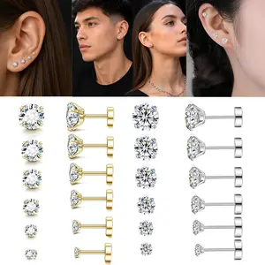 6/12 Pairs Minimalist 304L Stainless Steel  Set Unisex 3-8mm Multi Size Circular Cube Cartilage Perforated Earnail Inlaid Shiny Cubic Zirconia Ear  Fashion Flat Back  for Cartilage, Screw Back Party, Proms, Music Festivals Jewelry  stud earrings