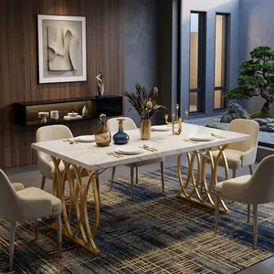 63" Modern Dining Table for 4-6 People, White Faux Marble Tabletop with Gold Geometric Legs, Rectangular Kitchen & Dining Room Furniture