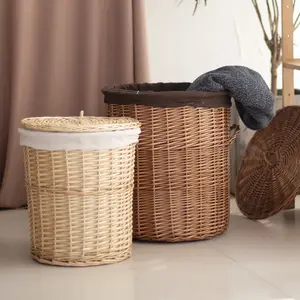 Large Capacity Round Woven Storage Basket with Lid, Natural Material Vintage Design, for Bedroom Bathroom Organization