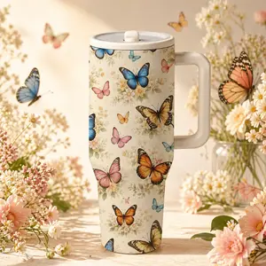 1 Pc 40oz Insulated Travel Mug, Stainless Steel Thermos Insulated Flask, Butterfly Floral Print, Double Wall, Leak-Proof, Skinny Design, Hot & Cold Drinks, BPA-Free, For Women and Men, Ideal Birthday Gift, Keeps Drinks Hot for 12 Hours, Cold for 24 Hours