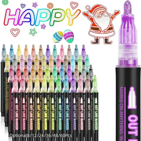 Double-Line Outline Art Marker Pen Set, 8, 12, 24, 36, or 48 Colors DIY Graffiti Highlighter Pens Drawing Markers for Scrapbook, Poster and Card Coloring, DIY Craft Supplies