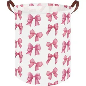 Waterproof Collapsible Canvas Bowknot Pink Laundry Basket, Nursery Hamper for Girls, Living Room Decor