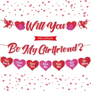 Glitter Will You Be My Girlfriend Banner, Pre-Strung Valentine's Day Party Decoration Supplies Anniversary, Red banners