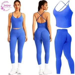 Jetjoy Women's 2-Piece Workout Set Crisscross Back Straps Camisole Longline Halter Sports Bra with Built-in Pads & V-Cross Front Leggings for Gym & Outfit - Stretch Fabric Activewear