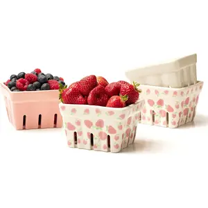 Farmhouse Ceramic Berry Basket, Colander, Strawberry Decor, Fruit Bowls/Baskets, Kawaii Kitchen bowl, Pink White and Cute Strawberry  Stoneware Harvest Square Bowls Set of 4
