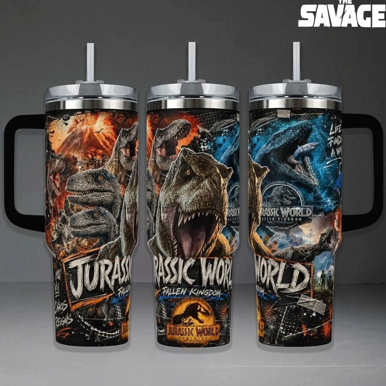 Jurassic World Fallen Kingdom & Dominion Tumbler, 20oz & 40oz Insulated Travel Mug with Handle & Straw. T-Rex Blue Raptor & Mosasaurus Art Cup, Prehistoric Dinosaur Fan Merchandise, Perfect Gift for Sci-Fi and Movie Lovers