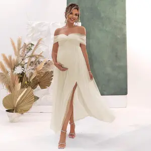 2026 New Cross-Border European and American Summer Women's Clothing Sexy Strapless Mesh High-Slit Maternity Dress