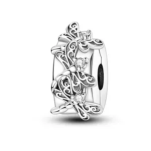 MULA Vintage Dragonfly Silicone Clip, S925 Silver Plated, Inlaid with Sparkling CZ Gemstones, Suitable for Pandora Bracelet, Perfect Gift for Women and Girls on Birthday, Anniversary, Christmas
