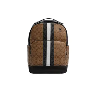 COACH Graham 29 Large Canvas and Leather Backpack for Men, Floral Stripe Pattern, Khaki and Black