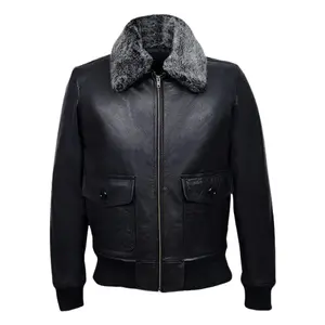 Ravclif Black Bomber Leather Jacket Natural Fur Collar