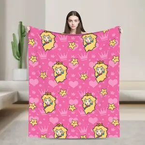 280GSM Flannel Throw Blanket Cartoon Anime Soft Plush Blanket Warm Cozy Durable Easy to Clean Personalized Princess Peach Super Mario Sofa Travel Quilt