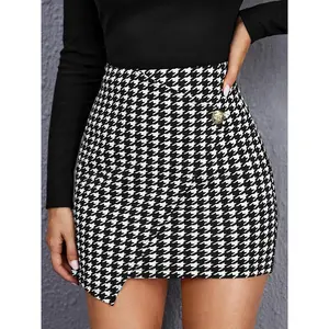 Elegant Houndstooth Mini Skirt for Women with Side Button Detail, Knit Polyester Blend (95% Polyester, 5% Elastane), Versatile All-Season Style