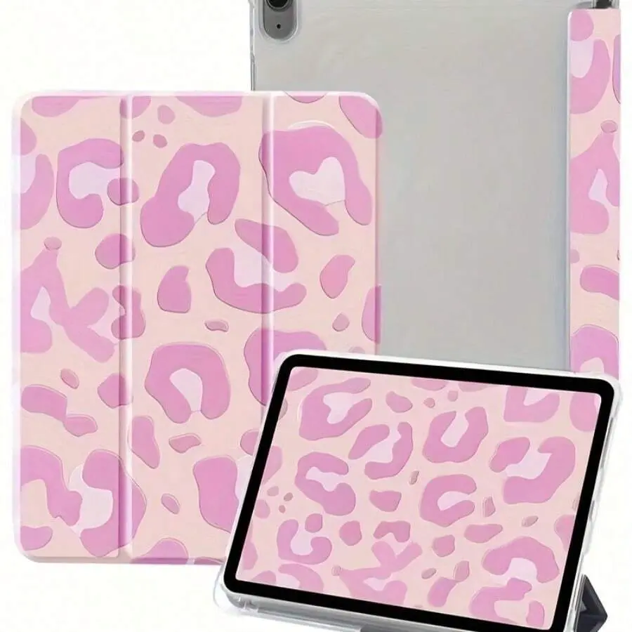 Stylish pink leopard print case with adjustable stand and pencil holder , foldable non-slip TPU protective case, suitable for Samsung, iPad mini, iPad Air, iPad Pro/iPad 10th and 11th generation iPads.