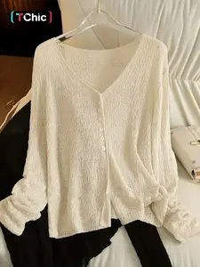 Elegant V-Neck Long Sleeve Knit Cardigan, Lightweight Plain Design for Spring & Fall, Fitted Casual Style Sweater Button